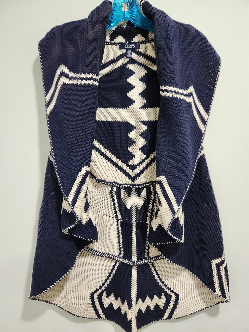Chaps Navy & Cream Geometric Open-Front Knit Cardigan